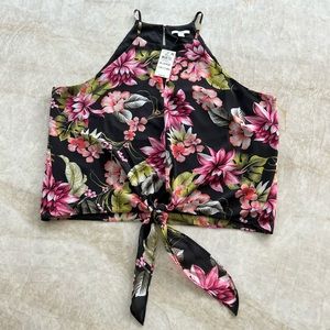 Bar III Floral Print Tie Front Keyhole Halter Top XL